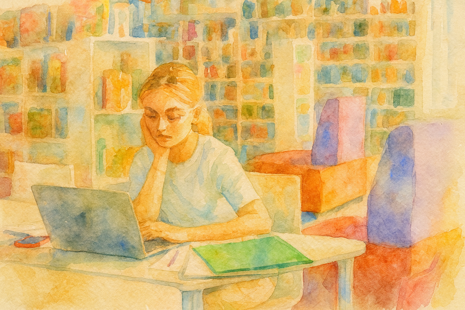 Mujer estudiando en la biblioteca